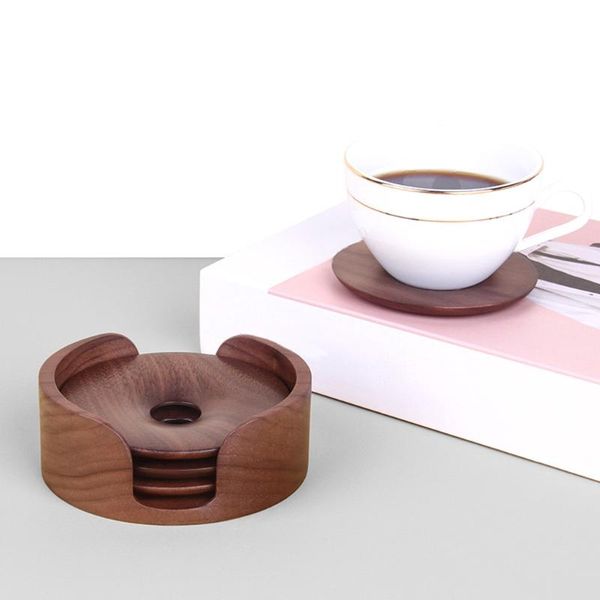 

mats & pads r9uf 4pcs natural wooden round with holder storage rack heat-resistant placemats drinks mat tea coffee cup pad