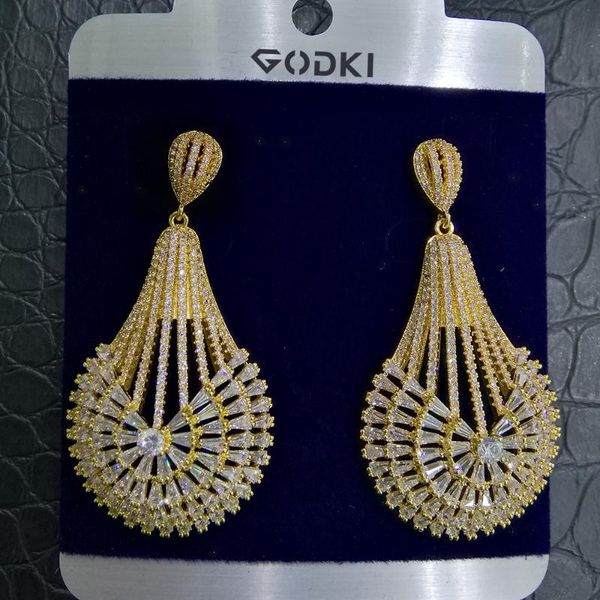 

earrings & necklace godki big fashion luxury dandelion statement jewelry set for women wedding party full zircon dubai bridal 2021, Silver