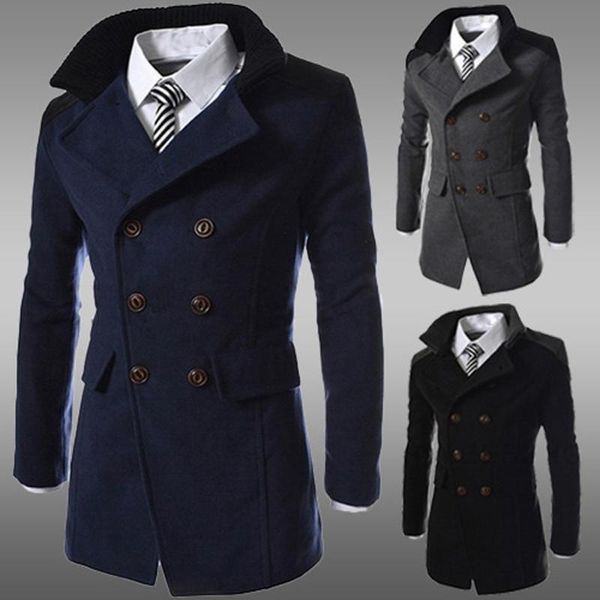 

men's wool & blends 2022 men long trench coat jacket warm autumn winter outwear button slim solid overcoat fashion windbreaker male, Black