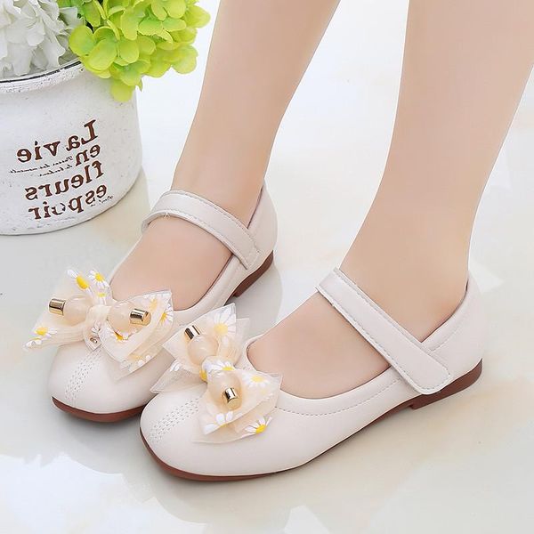 

2021spring girl' leather shoes with soft soles bowknot kids flower princess single for wedding party chaussure fille flat, Black;grey