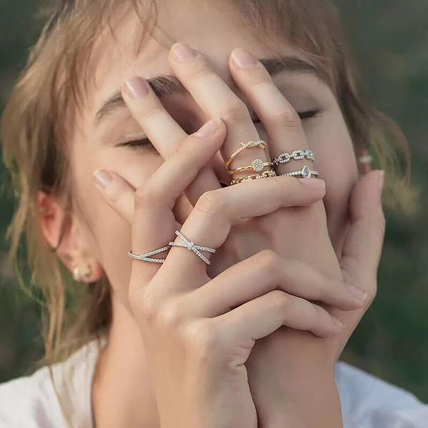 

cluster rings x-shaped cross ring 925 sterling silver fashion temperament simple versatile women's casual style, Golden;silver