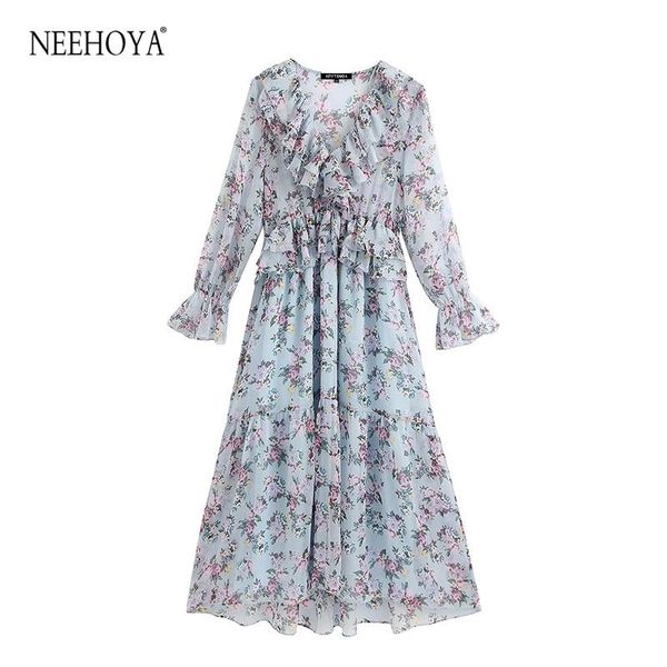 

casual dresses neehoya women 2021 chic fashion floral print ruffled midi dress vintage long sleeve see through female vestidos mujer, Black;gray