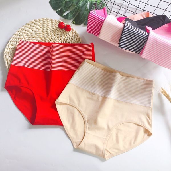 

high waist striped women's briefs large size pure cotton high-end solid color abdominal underwear, Black;pink