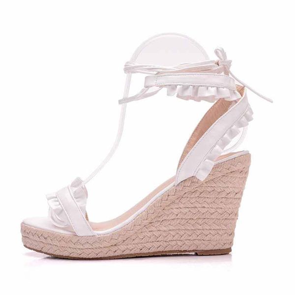 

sandals summer wedge white woman open toe rome gladiator shoes ladies casual lace up female platform high heels, Black