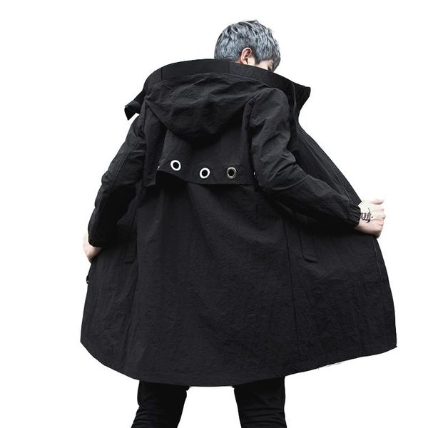 

men's trench coats autumn winter men long coat hooded jacket nightclub singer stage costume mens casual cloak hip hop punk overcoat, Tan;black