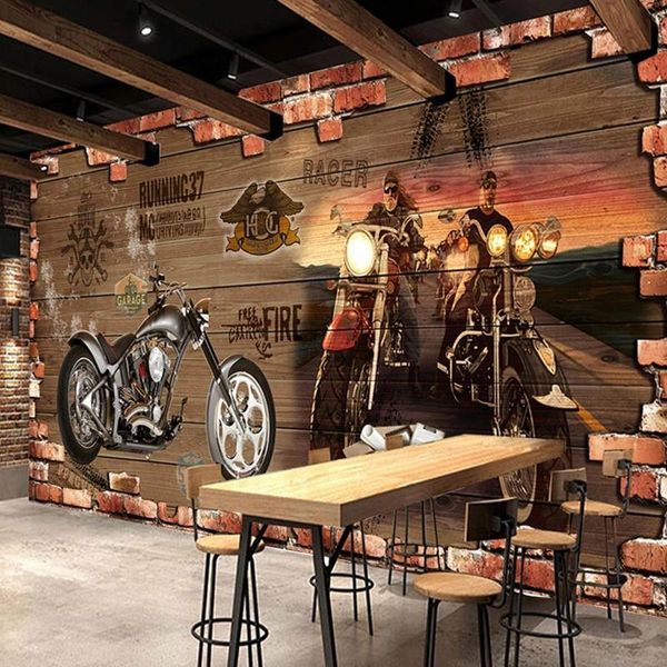 

wallpapers retro motorcycle brick mural restaurant cafe industrial decoration creative background wall paper papel de parede 3d