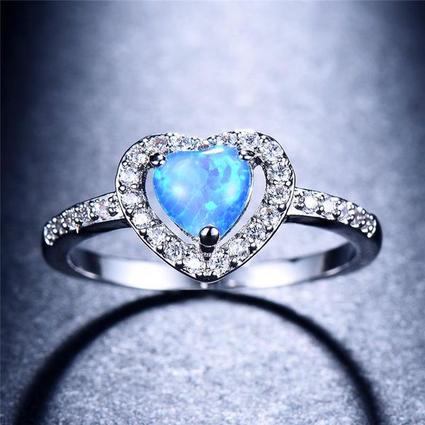 

wedding rings classic female love heart opal jewelry charm silver color thin for women cute white crystal stone engagement ring, Slivery;golden