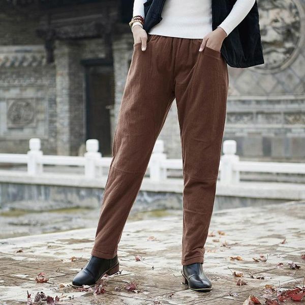 

johnature autumn winter leisure retro full length all-match harem pants simple cotton linen pockets women warm pants 210521, Black;white