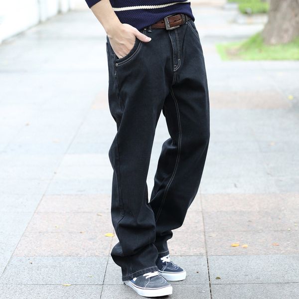 

jeans fashion men's wide-leg denim trousers hip-hop streetwear jeans large size loose straight casual black pants, Blue