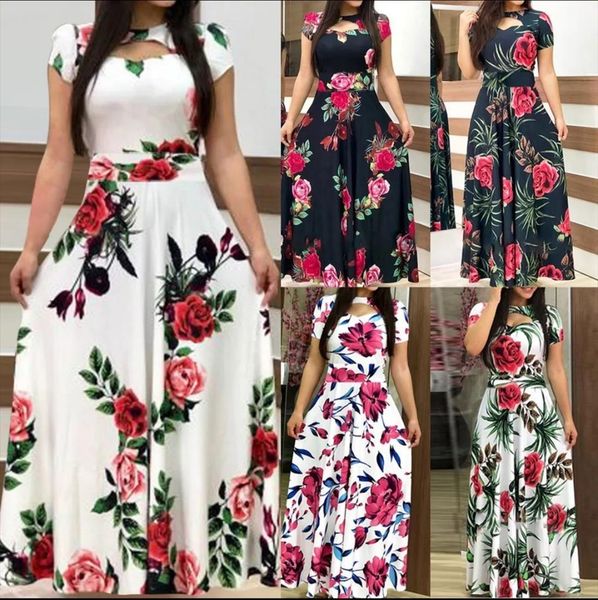 

summer elegant plus size womens dresses peony floral maxi short sleeve women fashion hollow o neck party, Black;gray