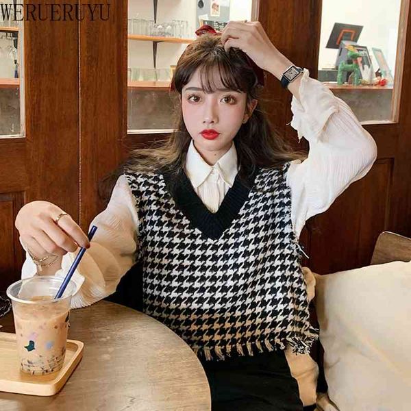 

sleeveless black vest korean style winter argyle knitted sweater vests for womens v neck jacket vintage plaid 210608, Black;white