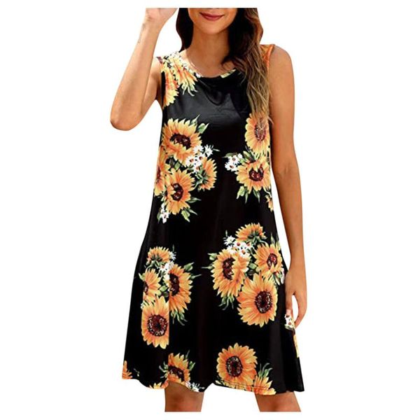 

casual dresses 2021 women sundress fashion sunflower floral print bohemia sleeveless a-lineÂ round neck summer pullover short dress, Black;gray
