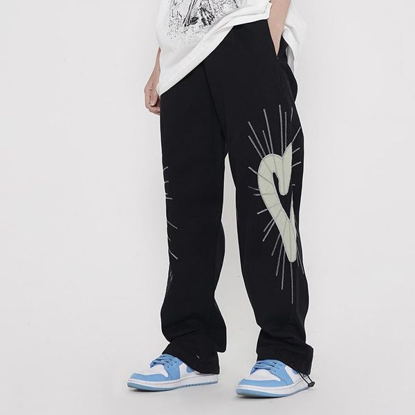 

men's pants high street drawstring reflective love musical pattern cargo straight feet elastic loose casual trousers, Black