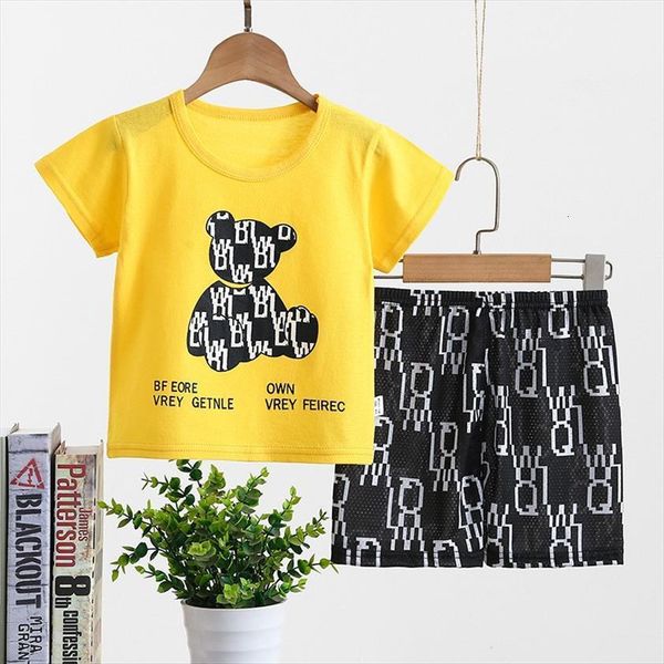 

summer fashion set toddler girl clothes boys t shirt shorts suit cartoon bear short sleeve girls outfits 3 4 5, White