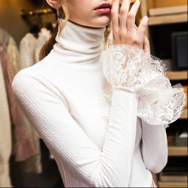 

women t shirt knit shirts females fashion solid colors long sleeve slim turtle neck, White