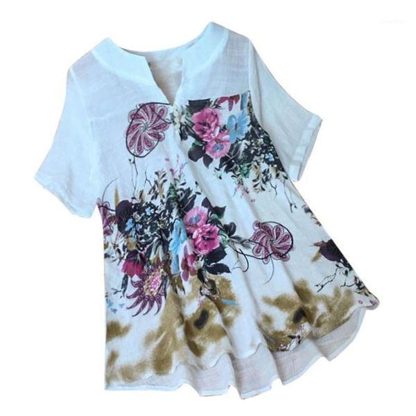 

plus size women vintage v-neck floral printing patch short sleeves linen summer pullover blouse for ladies women's blouses & shirts, White