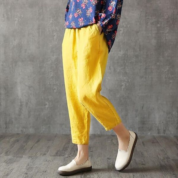 

linen summer loose thin womens capris fabric cotton solid color plus size, Black;white