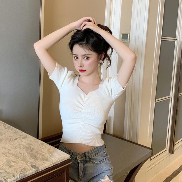 

women's sweaters spring autumn v-neck knitted woolen solid female pullovers club crop women sweater short sleeve white blouse, White;black