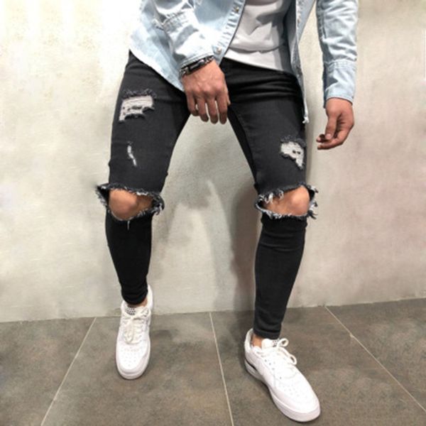 

men's jeans streetwear retro pants knee hole slim tide male hiphop ripped personality comformale denim trousers tqcr, Blue