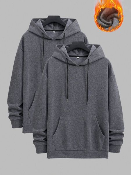 

men 2pcs drop shoulder drawstring thermal lined hoodie q6hr#, Black