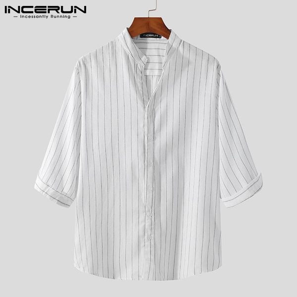 

men's casual shirts incerun men striped shirt harajuku stand collar three quarter sleeve retro clothing streetwear 2021 camisa masculin, White;black