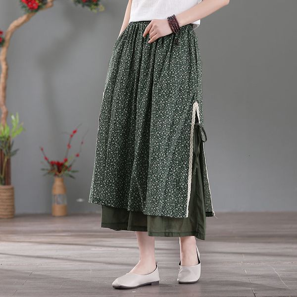 

portrait cotton and floral flax sewing feminine spring summer side midi double layer female skirt 2021 faldas zh78 m5iu, Black