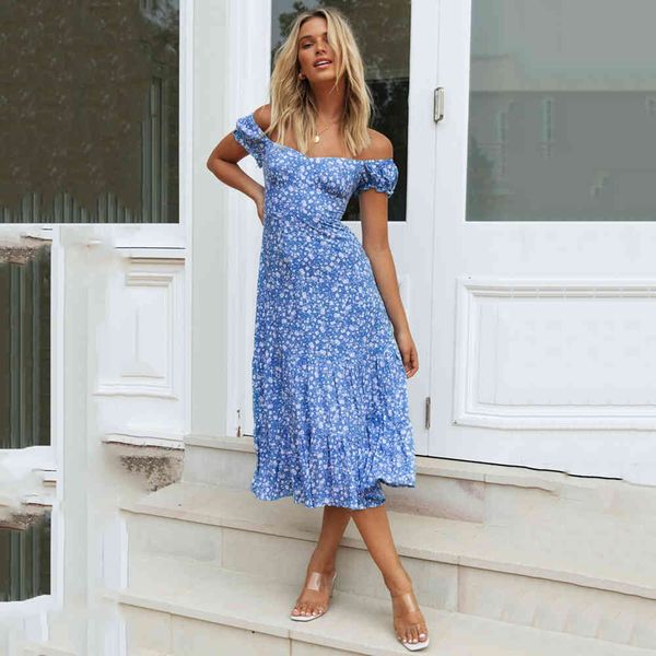 

blue broken flowers midi dress ruffles off shoulder elegant vestidos mujer vintage print summer dress women beach dresses 210507, Black;gray
