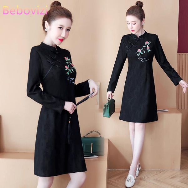 

ethnic clothing plus size -4xl 2021 retro black embroidery qipao for women chinese cheongsam a-line dress party casual year, Red