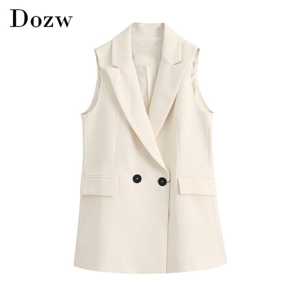 Solide Casual Blazer Weste Frauen Büro Tragen Zweireiher Weste Damen Mode Taschen Ärmellose Jacke Mäntel 210515