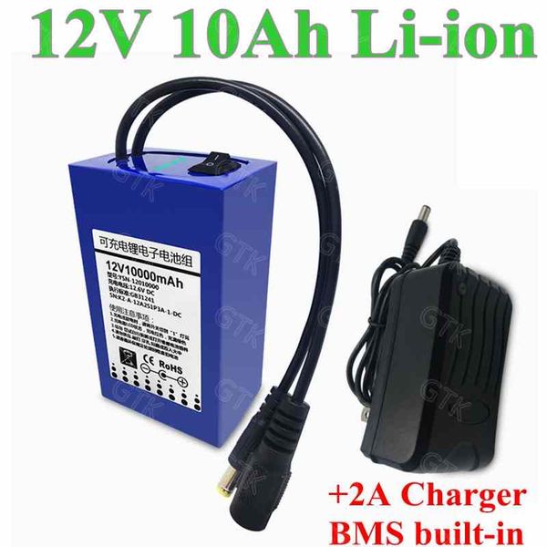 Batteria al litio ricaricabile 12v 10Ah 18650 12v 10Ah li-po Li-ion bms per alimentazione di riserva utensili elettrici giocattoli elettrici + caricabatterie 2A