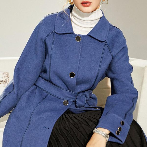 

women's wool & blends winter long cashmere coat women autumn 2021 beige fashion female straight double-breasted hand-sewn blue, Black