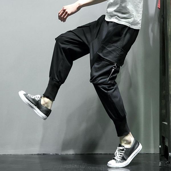 

spring tooling department code zip pocket man nine feet personality casual pants p60 88]. men's, Black