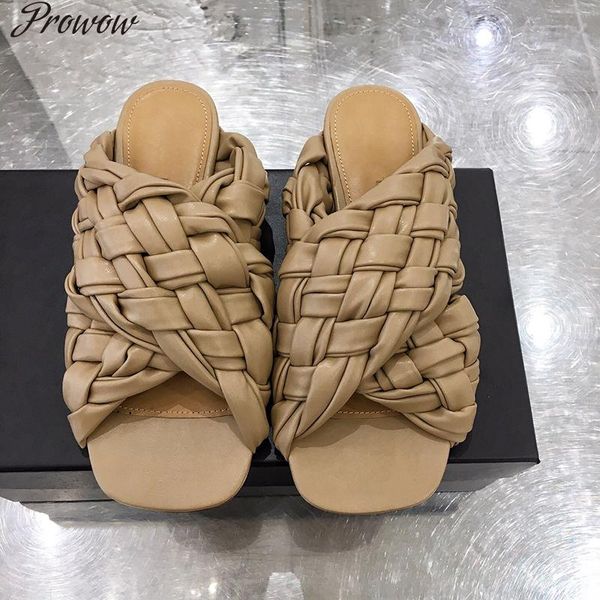 

prowow weave slippers ladies cross-tied mules real leather luxury shoes women designers flat slides gladiator sandals, Black