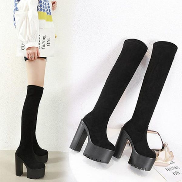 

boots 2021winter knee tight stovepipe knight suede round toe combat for women trend warm women's, Black