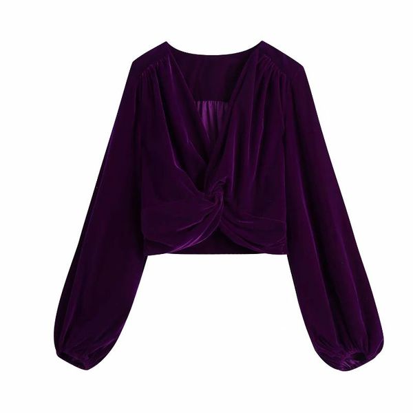 

vintage solid purple velvet cropped blouses women 2021 fashion v neck long puff sleeve shirts female chic blusas mujer women's &, White