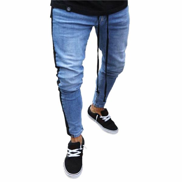 

men's jeans zipper side stripe denim long pants casual work 2021 trousers outdoor mens ripped stretch hole pocket clothing for man, Blue