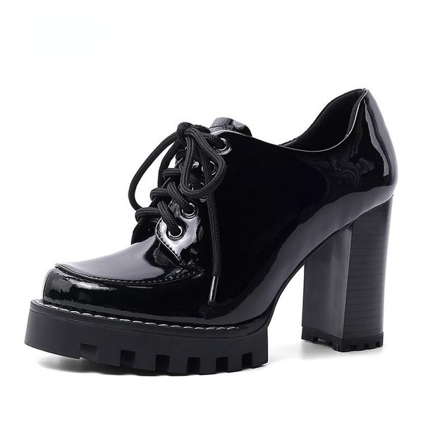 

dress shoes 2021 spring square heel women plus size genuine leather lace-up pumps working good quality, Black