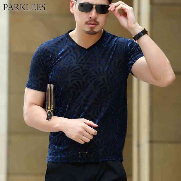 Seksi Kadife Kadife Şeffaf T-shirt Erkekler Moda Slim Fit V Boyun Tshirt Homme Kısa Kollu The The The The Tees XXXL 210522