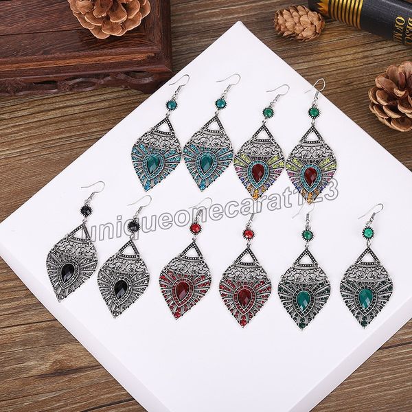

multilayer classic women's colorful crystal dangle earrings for women fashion jewelry carved hollow vintage bohemia wedding earrings, Silver