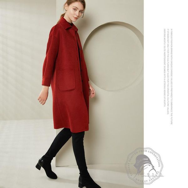 

women's wool & blends beibei alpaca double-faced fleece drop shoulder lapel woolen coat all-match not picking gold length, Black