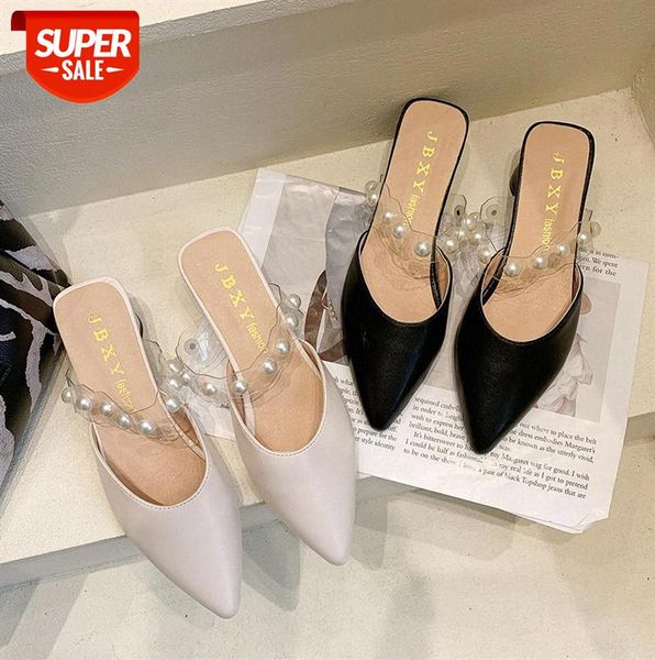 

baotou half slippers women thick heel pointed toe small fragrance drag outside wear pearl #qz8w, Black