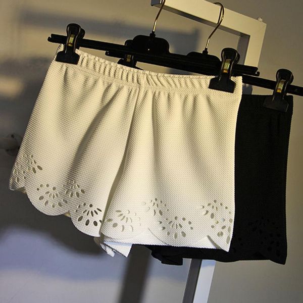 

fashion women shorts casual elastic waist beach summer straight solid floral hollow out short 2 style women's, White;black