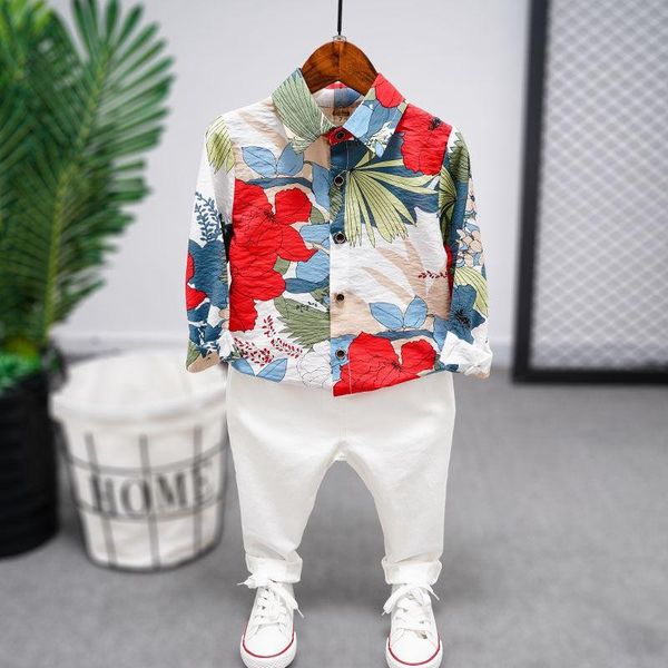 

clothing sets children boy's set 2021 casual loose spring autumn flower shirt white pants kids boys costume suit 2 4 6 8 years