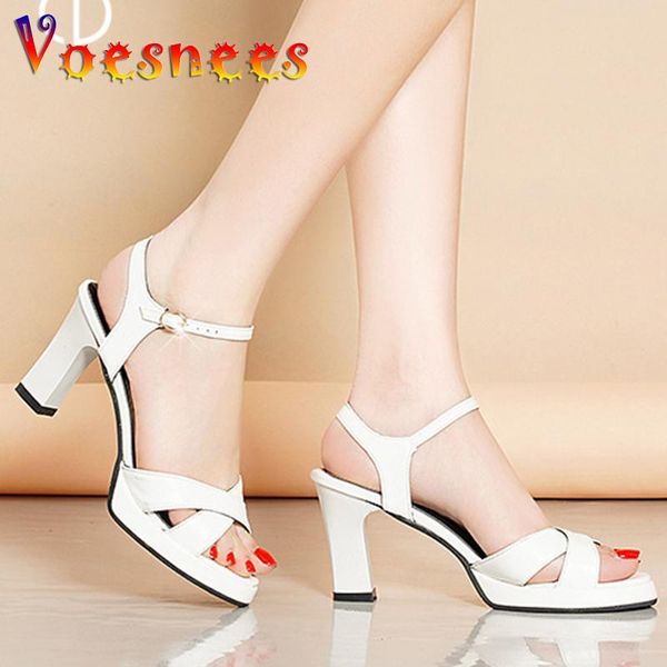 

sandals black & white leather lady thick heel summer luxury design one word band women cover open toe high shoes