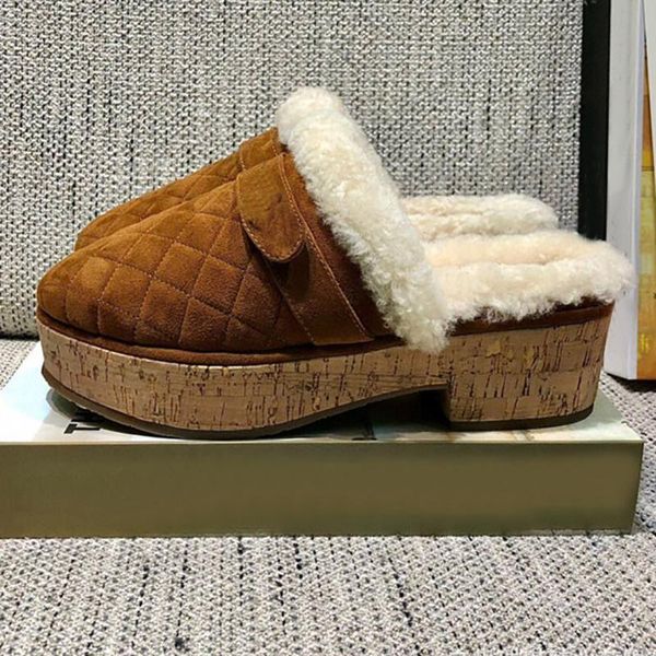 

slippers real leather half women autumn winter high-heel platform wool lazy loafers round toe casual mules 2021 brand shoes, Black