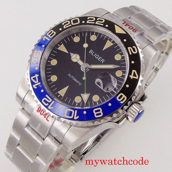 

bliger 40mm black iron plate gm mechanical automatic men watch saffier glass 904l oyster bracelet date, Slivery;brown