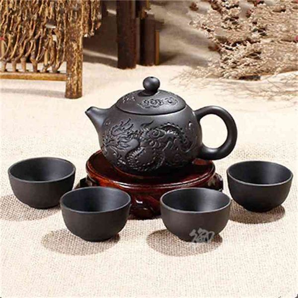 Ton Kung Fu Bule 150 ml Yixing Zisha chinesischer Porzellantee + 3 Kopien Tasse handgemachter Drachen-Keramikkessel 210813