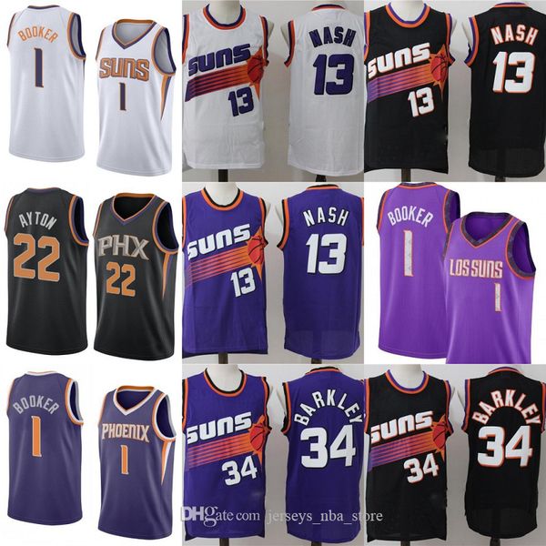 

phoenix suns men devin booker steve nash charles barkley deandre ayton nba swingman basketball jersey, Black;red