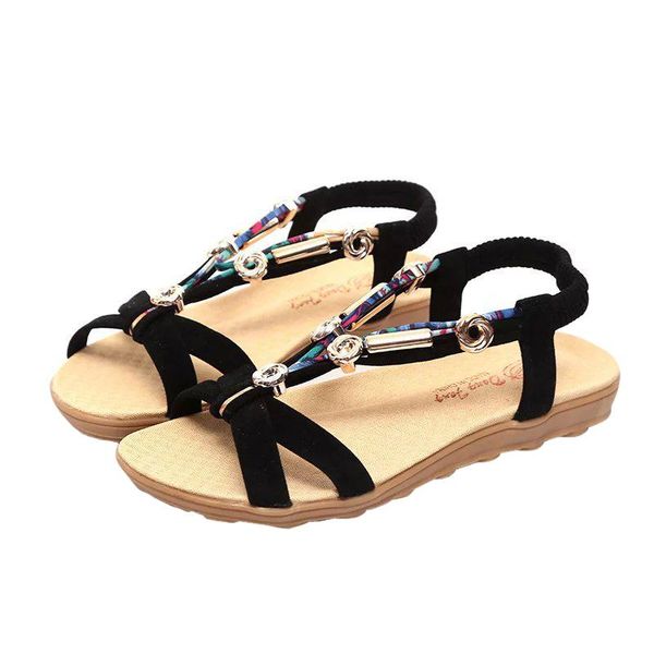 

women sandals bohemian summer beaded slippers ladies flat beach flip flops casual ladoes bandage soft shoes, Black