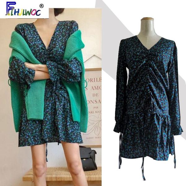 

casual dresses floral printed vintage s korean style design clothes temperament lady draped tie ruffled retro dress 2829, Black;gray
